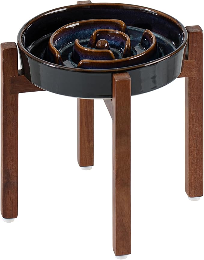 Havniva Ceramic 1.6 Cup Raised Slow Feeder Dog Bowl Set, Elevated Acacia Wood Stand for Medium and Large Dog, 8.2inch Slow Dish, Stop Bloat(Single Bowl+ Stand, Starry Sky)