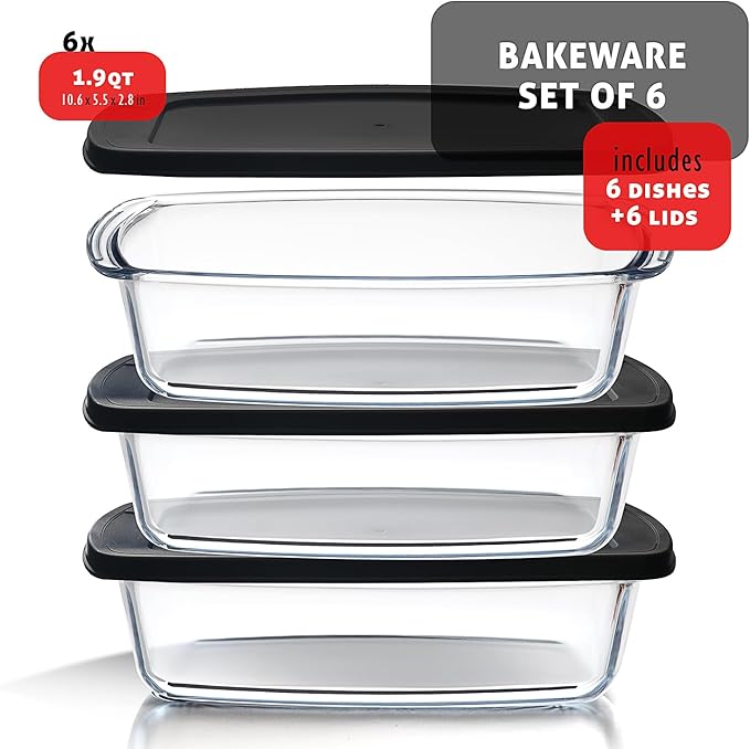 EATEX Glass Bread Pans for Homemade Bread Baking, 1.9 Quart Deep Rectangular Glass Food Storage Containers with Lids BPA Free Microwave Oven & Freezer Safe - 6 Bread Loaf Pans 6 Airtight Lids Black
