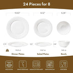 KINGSTONE Bone China Dinnerware Set, 24-Piece White Lightweight Porcelain for 8, Plates and Bowls with Rhombus patterned edge design, Microwave and Dishwasher Safe, for Family, Restaurant, Gifting