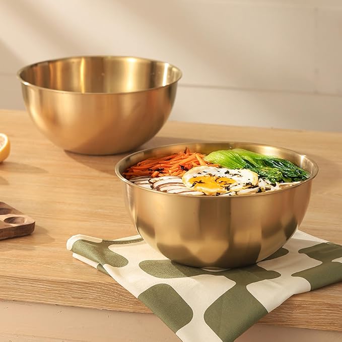 Stainless Steel Salad Bowls Set of 2 Mixing Bowl with Measurement Markings Snacks Bowls, Small 0.74 Quart Gold Serving Bowls for Mixing, Cooking, Prepping and Home Kitchen Food Storage Bowls