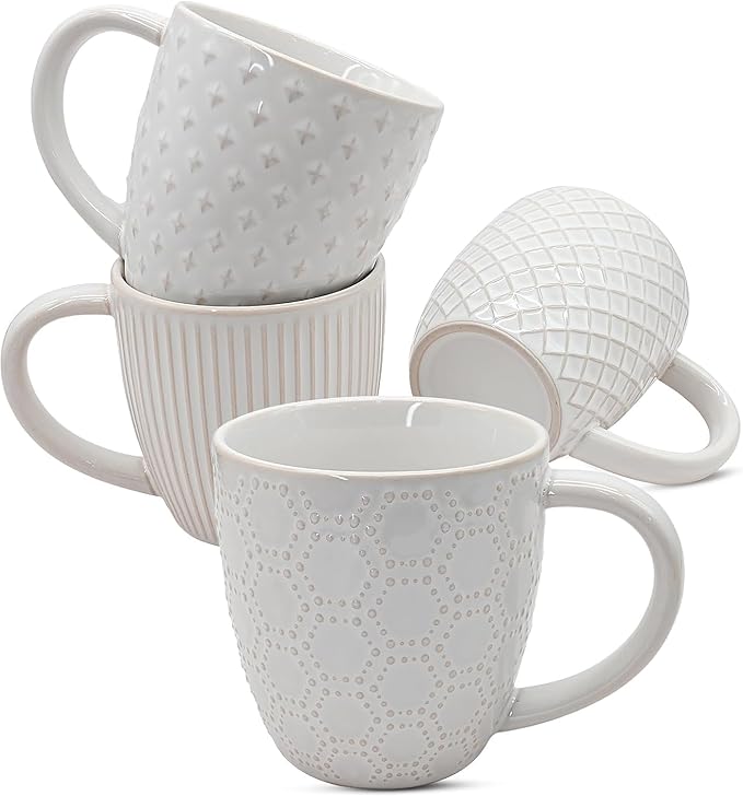 14 oz Embossed Ceramic Coffee Mugs - Set of 4, Artisan Textured Large Coffee Cups for Home & Office,Lead-Free Microwave & Dishwasher Safe,Coffee Cups for Wedding Housewarming Coffee Lovers