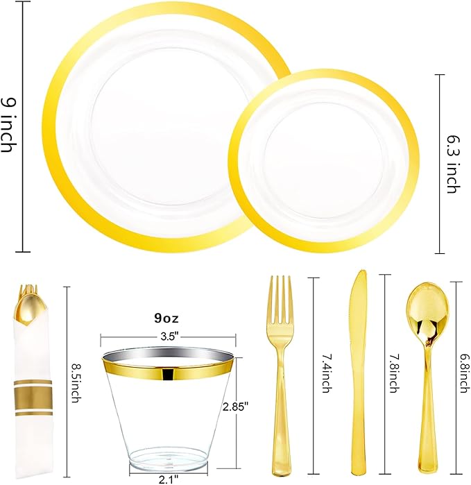 Liacere 350PCS Clear Gold Plastic Plates for 50 Guests Dinnerware Include 100 disposable Plates 150 Gold Silverware 50Napkins for Party & Wedding