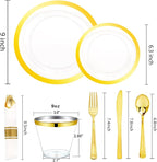 Liacere 350PCS Clear Gold Plastic Plates for 50 Guests Dinnerware Include 100 disposable Plates 150 Gold Silverware 50Napkins for Party & Wedding