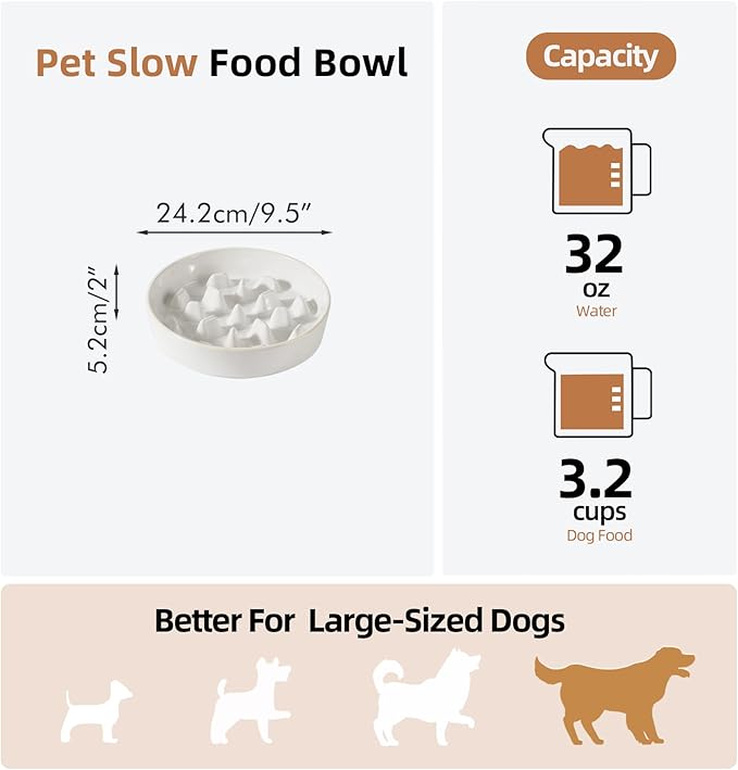 Havniva Ceramic 3.2 Cup Dog Bowl Slow Feeder, 9.5 inch Slow Pet Food Dish for Large Dog, Stop Bloat, Preventing Choking(Single Bowl,Reactived Glaze -White)