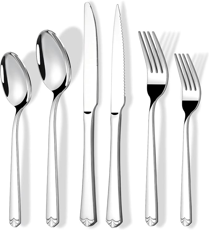24 Piece Silverware Set for 4, Prendcyx Stainless Steel Flatware Set with Steak Knives, Food-Grade Tableware Cutlery Set Includes Forks Spoons Knives, Mirror Polished, Dishwasher Safe