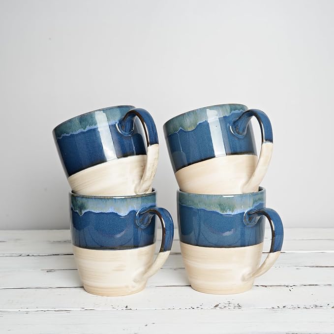Bosmarlin Ceramic Coffee Mug Set of 4, 17 Oz, 5 Colors to Choose, Tea Cups, Dishwasher and Microwave Safe, Reactive Glaze (Deep Blue)