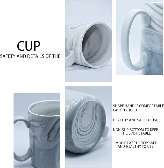 Coffee Mugs Set of 4,16 OZ Large Marble Ceramic Tea Cups with Big Handle,Bulk Grey Marble Diner Mugs Set for Latte, Beer,Cappuccino,Microwave Dishwasher Safe Cup for Men Women Gift
