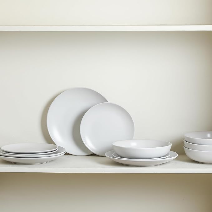 Earth & Clay Mia 12-Piece Stoneware Dinnerware Set, Plates and Bowls Set, Dishwasher and Microwave Safe, Dish Set for 4, White