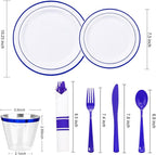 WELLIFE 210 Piece Blue Disposable Dinnerware Set,Plastic Plates for Party, Include: 30 Dinner Plates, 30 Dessert Plates, 30 Pre Rolled Napkins with Gold Silverware and 30 Gold Cups