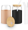 Glass Cups with Lids and Straws, 2 Pack 16OZ Iced Coffee Cups with Silicone Sleeve, Glass Tumbler with Straw and Bamboo Lid, Home Essential Drinking Set for Juice, Cocktail and Latte Black&Khaki
