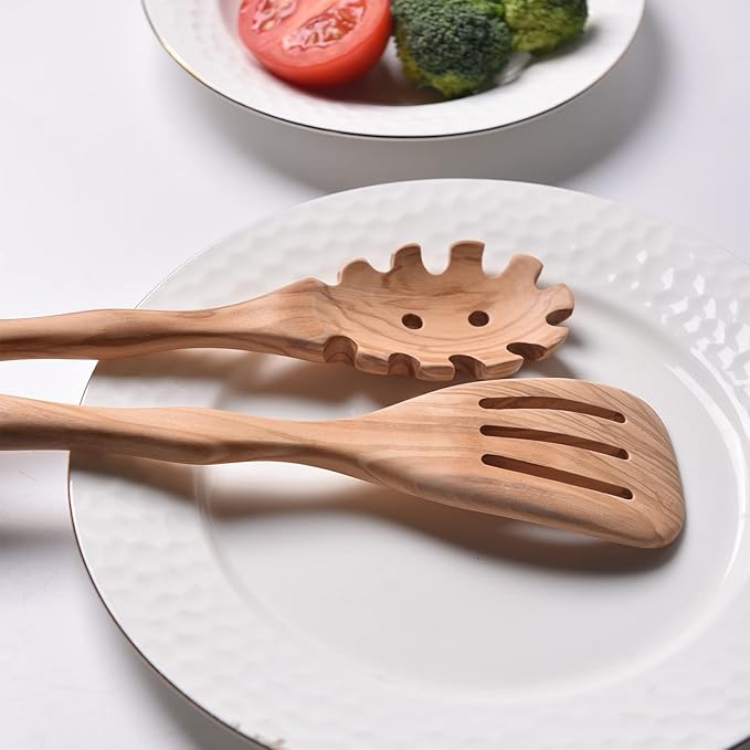 Gudamaye 12 inch Olive Wooden Utensils for Cooking, Long Handle Wooden Spoons for Cooking, 6 PCES Crafting Wooden Spoon Set, Wooden Kitchen Utensil set, Natural Olive Wood utensil Set