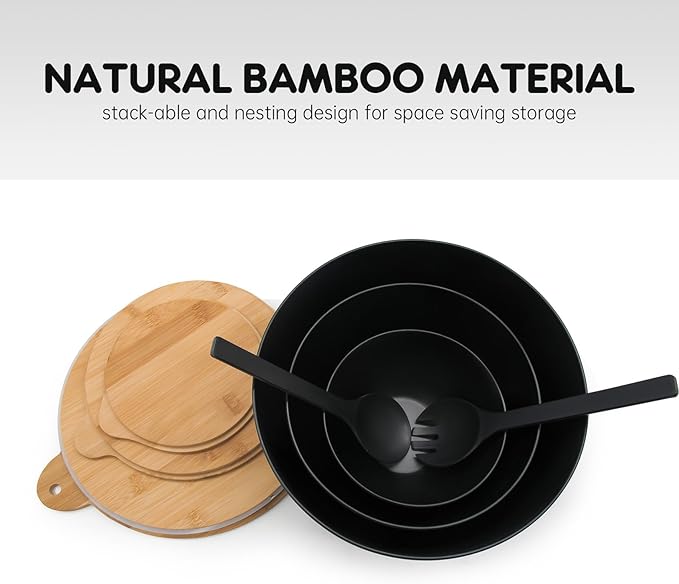 ECOWAY Salad Bowls Set of 3 with Seal Lid & Serving Utensils, Bamboo Fiber Mixing Bowls Set Large Serving Bowls & Storage Set with Bamboo Lid for Salad, Kitchen Eating, Pasta, Popcorn, Fruit, Black