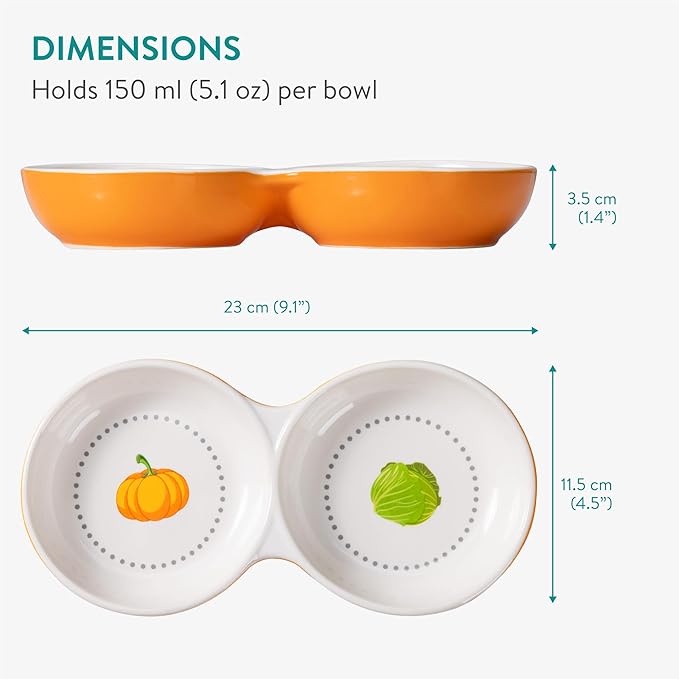 Navaris Twin Feeding Bowls for Small Pets - Durable Double Ceramic Bowl Set for Rabbits, Guinea Pigs - Ideal Food & Water for Kitten, Puppy - Space-Saving & Easy to Clean - Orange