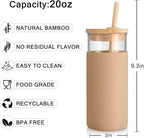 Tronco 20 oz Glass Tumbler with Lid and Straw, Iced Coffee Cup and Smoothie Cup with Bamboo Lids & Protective Silicone Sleeve, Dishwasher Safe, BPA-Free, Glass Cup 2 Pack
