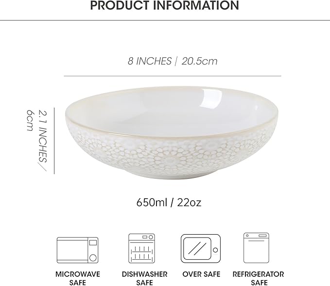 8" Ceramic Pasta Bowls, 22 Oz Serving Bowls Set of 4, Porcelain Shallow Soup Bowl, Embossed Serving Dishes for Pasta, Fruit, Salad, Housewarming Gift, Dishwasher Safe