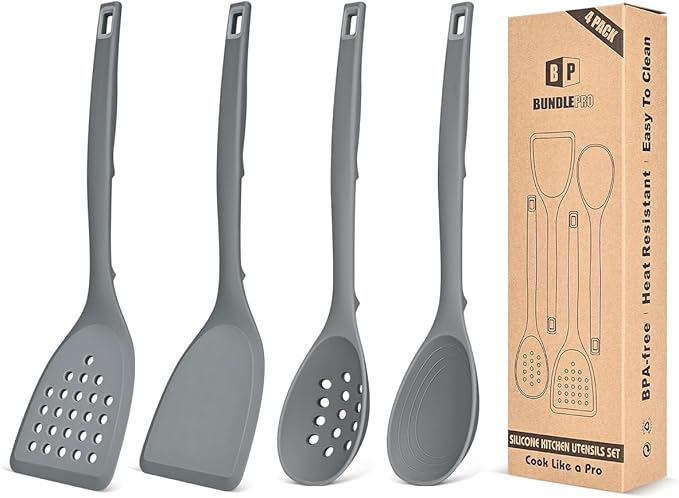 Pack of 4 Silicone Cooking Utensils Set, Non Stick Solid Spatulas and Heat Resistant Slotted Spoons with Back Hooks, Ideal BPA Free Kitchen Utensils Set for Frying,Serving,Turning,Stirring (GRAY)