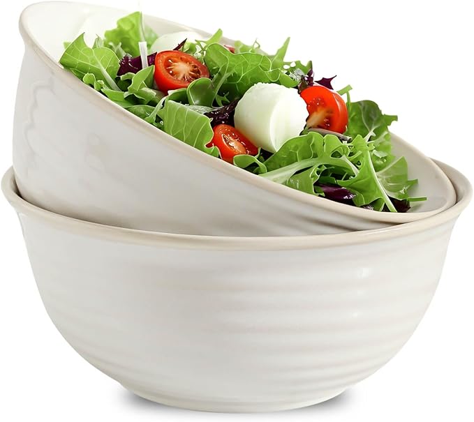 Serving Bowls Set of 2, 9 Inch Large Ceramic Mixing Bowls for Kitchen, Perfect for Salad Pasta Soup Pho Popcorn Baking Cooking, Ideal for Daily Meals Party Dinner Entertaining, Creamy White