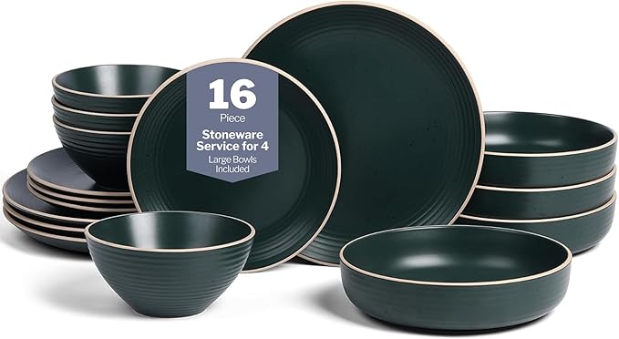 Stone Lain Lauren Modern Stoneware 16-piece Round Dinnerware Set, Plates and Bowls Set, Dish set for 4, Dark Green