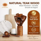 Wooden Kitchen Utensil Set 12 Piece- Teak Wood Cooking Utensils Set with Holder, Wooden Spoons for Cooking, Non-Toxic Natural Wood Kitchen Tools
