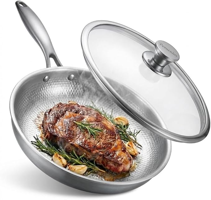 Titanium Frying Pan with Lid, 12" Uncoated Hammered Skillet for Cooking, PFAS/PFOA/PTFE Free Nonstick Cookware, Scratch Resistant, for Induction & Gas, Oven, Dishwasher Safe, Fine