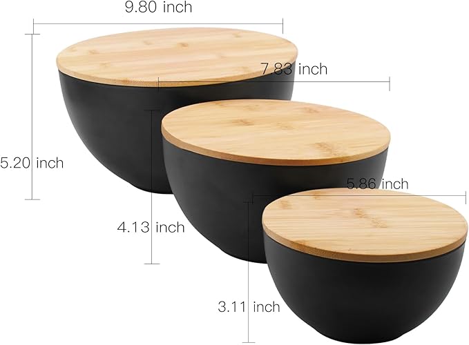 ECOWAY Salad Bowl Set of 3 with Bamboo Wooden Lids, Mixing Bowls Set, Nesting Bowls for Space Saving Storage, Made with Durable Eco-Friendly Bamboo Fiber, Great for Prepping and Serving Food, Black