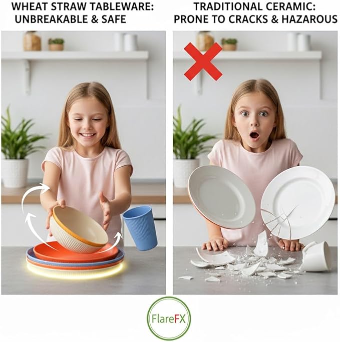 Wheat Straw Dinnerware Sets for 4, Unbreakable Dish Sets Wheat Straw Plates, Bowls, Cups Sets with Utensils, Camping Plates Set with Cups & Bowls, BPA-Free Microwave & Dishwasher Safe Dishware