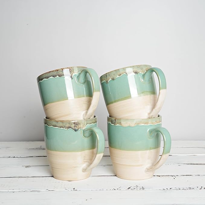 Bosmarlin Ceramic Coffee Mug Set of 4, 17 Oz, 5 Colors to Choose, Tea Cups, Dishwasher and Microwave Safe, Reactive Glaze (Green)
