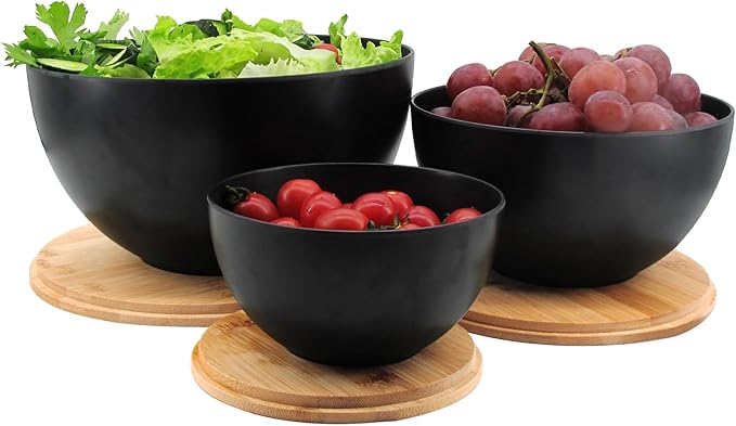 ECOWAY Salad Bowl Set of 3 with Bamboo Wooden Lids, Mixing Bowls Set, Nesting Bowls for Space Saving Storage, Made with Durable Eco-Friendly Bamboo Fiber, Great for Prepping and Serving Food, Black