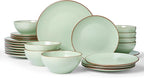 Famiware Venus Plates and Bowls Sets, 24 Pieces Stoneware Speckled Dishes Dinnerware Set for 8, Light Green - Microwave & Dishwasher Safe, Modern Minimalist, for Everyday Meals & Formal Dining