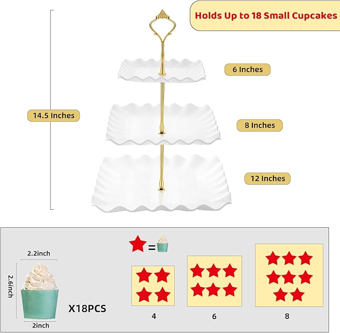 DAFURIET Dessert Cupcake Stand, 3 Tier Cup Cake Holder Tower for Tea Party/Birthday/Wedding, Plastic Tiered Serving Tray with Metal Rod, White