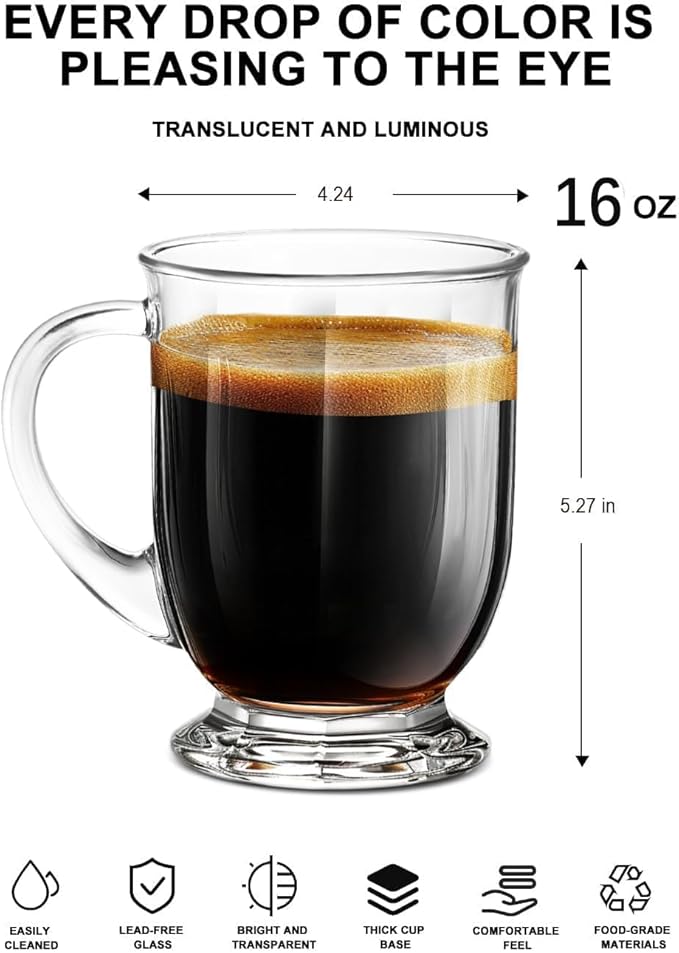 Clear Glass Coffee Mugs Set of 4, 16 OZ Large Glass Beer Cups with Handle,Bottom Nine-Sided Diner Mug for Men and Women Hot Beverages,Tea, Cappuccino, Latte, Espresso, Juice Mothers