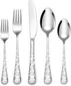 Skull Pattern Silverware Set for 8,OIULO 40-Piece Pirate Pirate Rose Flatware set,Skeleton Flower Bat Butterfly Unique Design,Mirror Polished Gothic tableware Knive Fork Spoon Halloween Party Gift