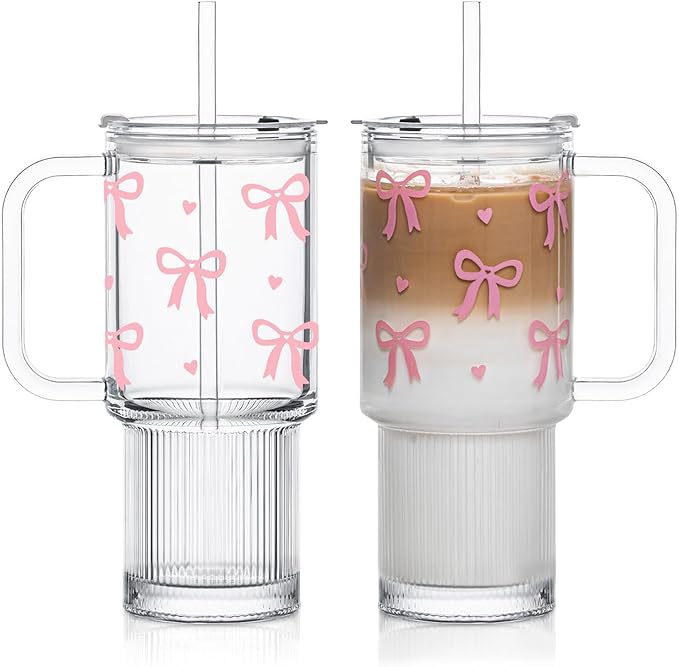 INSETLAN 26oz Cute Pink Bow Glass Cup with Lid and Straw, Girly Preppy Aesthetic Glass Tumbler with Handle, Birthday, Valentine’s & Christmas Gift for Women, Teens & Friends