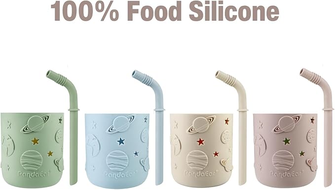 PandaEar 4 Pack Kids & Toddler Glass Cups, Glass Mason Jar Cups 8.45 oz with Silicone Sleeves & Straws, Toddler Spill-Proof Smoothie Cups for Children Ages 3+