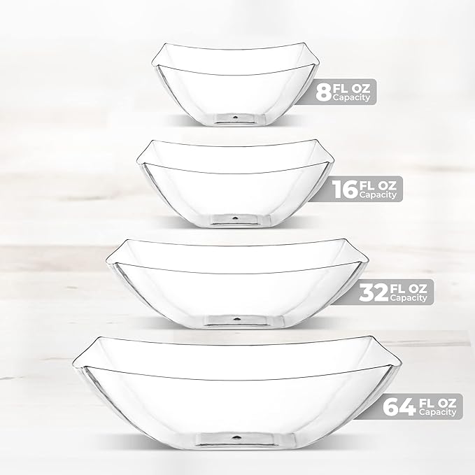Posh Setting Clear Plastic Serving Bowls Disposable - Square Bowls - Square Candy Bowl - Plastic Snacks & Chip Bowls for Parties - Black, Gold & Clear, White Serving Dishes, 16 OZ, 4 Pack