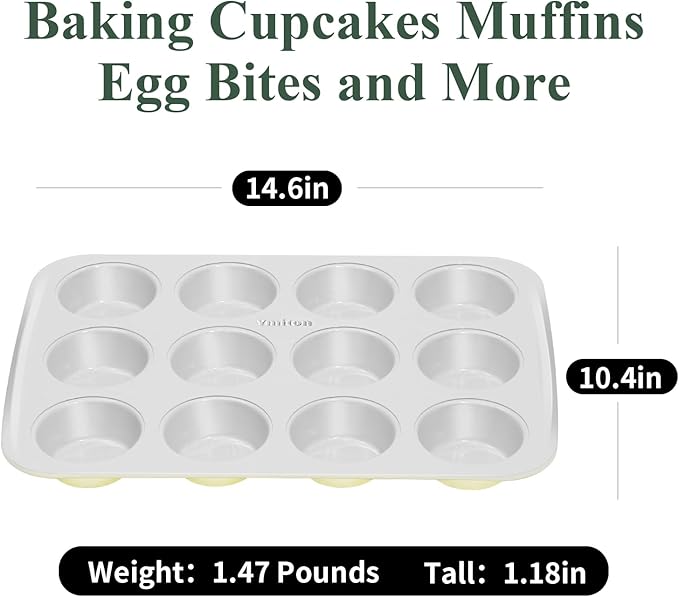 Nonstick Ceramic 12 Cup Muffin Pan, Cupcake Pan for Baking, Non-Toxic Muffin tin, Ceramic Coating, PTFE & PFOA Free, Oven Safe 550°F, Aluminized Steel (Yellow)