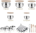 Mixing Bowls Set, 25PCS Khaki Mixing Bowls With Lids Set Stainless Steel Kitchen Large Nesting Metal Bowl 7QT to 1.5QT, Measuring Cups and Spoons for Prepping Cooking Serving