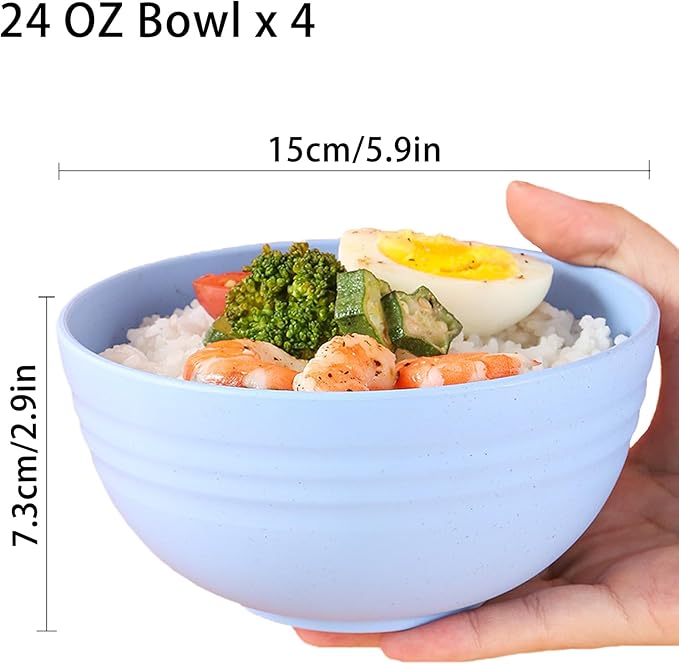 Unbreakable Cereal Bowls 24 OZ Reusable Wheat Straw Bowl Set of 4, Microwave & Dishwasher Safe, BPA Free Dinner Bowls for Rice Noodle Snack Salad Fruit, Lightweight Soup Bowls
