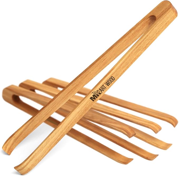 4 Pcs Wooden Toaster Tongs | 6-Inch Premium Maple Kitchen Utensils | Easy-Grip, Anti-Slip Design for Toast, Fruits, Bread, Pickles, Bacon, BBQ, and Parties