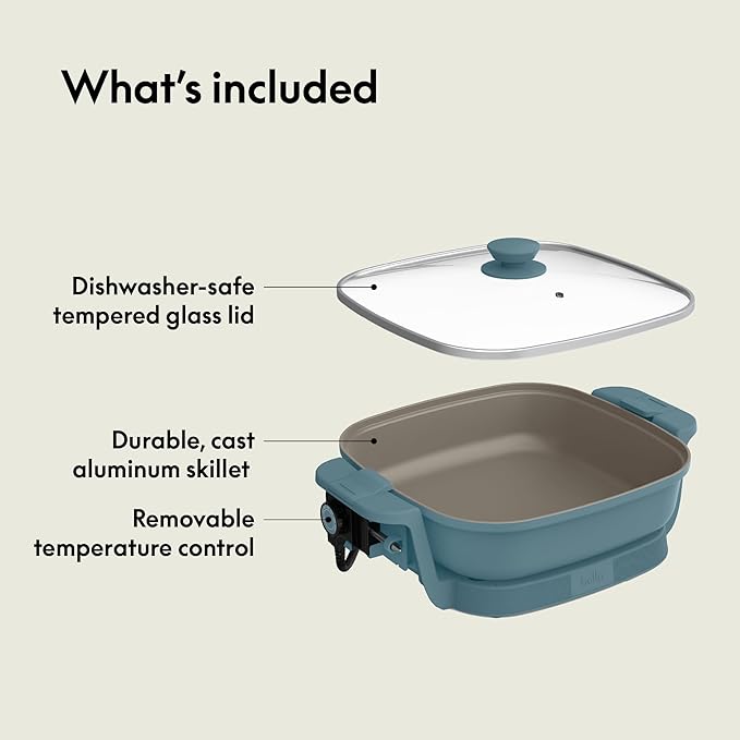 bella Make & Take Electric Skillet, Fits-anywhere™ kitchenware, EverGood™ Ceramic Coating, Adjustable Temperature & Dishwasher-Safe Tempered Glass Lid, Cast Aluminum Base, 1200 Watt, Surf