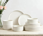 Ceramic Dinnerware Sets for 4-12 Piece Plates and Bowls Set, Microwave and Dishwasher Safe Stoneware, Ribbed Dishes and 22oz Bowls, Speckled White