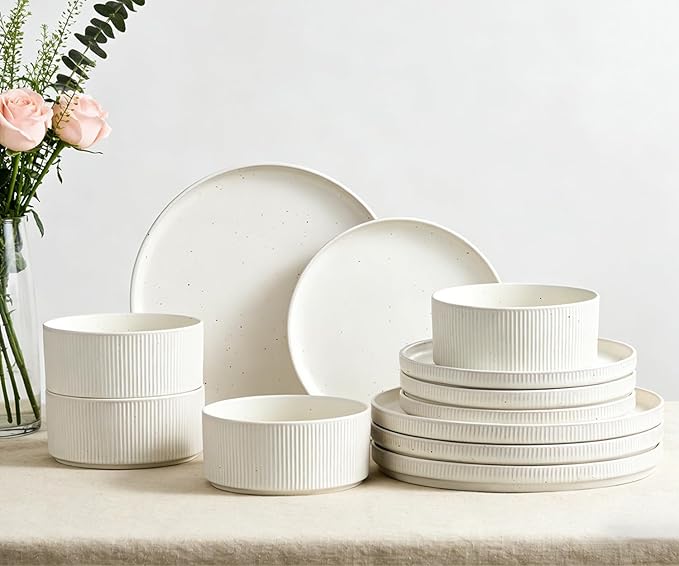 Ceramic Dinnerware Sets for 4-12 Piece Plates and Bowls Set, Microwave and Dishwasher Safe Stoneware, Ribbed Dishes and 22oz Bowls, Speckled White