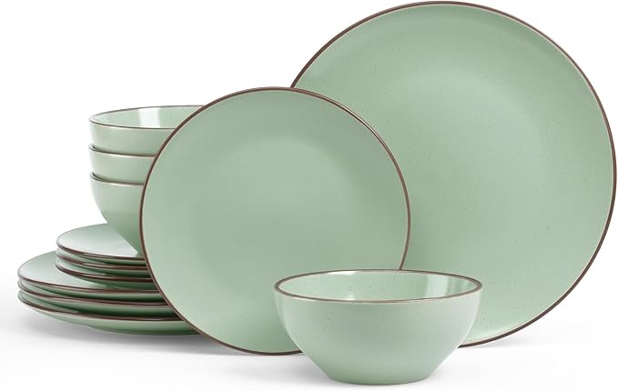 Famiware Venus Plates and Bowls Sets, 12 Pieces Stoneware Speckled Dishes Dinnerware Set for 4, Light Green - Microwave & Dishwasher Safe, Modern Minimalist, for Everyday Meals & Formal Dining