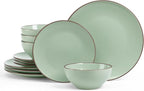 Famiware Venus Plates and Bowls Sets, 12 Pieces Stoneware Speckled Dishes Dinnerware Set for 4, Light Green - Microwave & Dishwasher Safe, Modern Minimalist, for Everyday Meals & Formal Dining