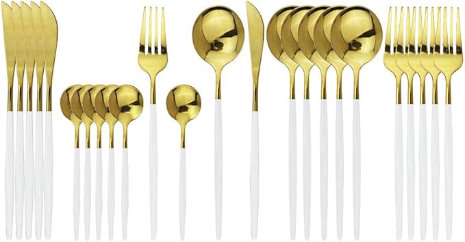 JASHII Flatware Serving Set 24 Piece, Stainless Steel Silverware Set, White Gold Cutlery, Modern Elegant Tableware for Party, Christmas, Dinner