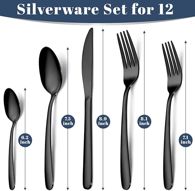 60-Piece Black Silverware Set - Stainless Steel Silverware Set for 12, Includes Forks Spoons and Knives, Utensil Sets for Home Kitchen Restaurant, Dishwasher Safe