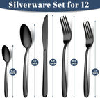 60-Piece Black Silverware Set - Stainless Steel Silverware Set for 12, Includes Forks Spoons and Knives, Utensil Sets for Home Kitchen Restaurant, Dishwasher Safe