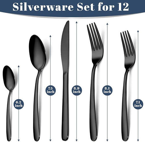 60-Piece Black Silverware Set - Stainless Steel Silverware Set for 12, Includes Forks Spoons and Knives, Utensil Sets for Home Kitchen Restaurant, Dishwasher Safe