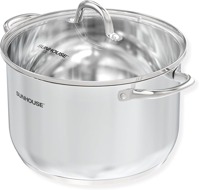 SUNHOUSE Stainless Steel Stock Pot - 12 Quart Heavy-Duty Induction Cooking Pot with Visible Lid for Pasta, Soup, Spaghetti - Nonstick Thick-Bottom Deep Stockpot for Canning, Boiling, and Simmering