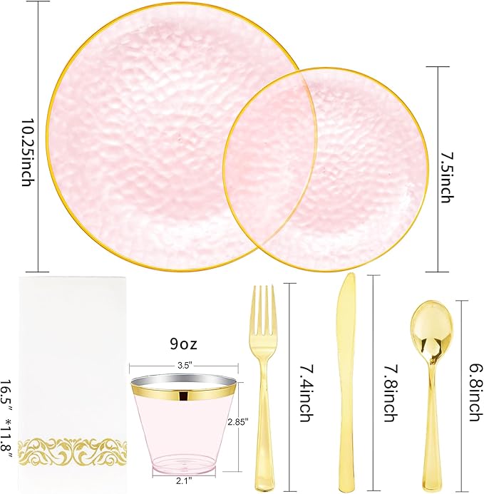 DaYammi 350 Pcs Clear Pink Plastic Plates, Hammered Disposable Dinnerware, Pink Plates Set Include 100 Plastic Platos, 150 Gold Disposable Silverware, 50 Cups And 50 Napkins for Mother's Day Party